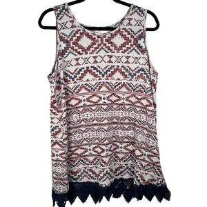 Just Be Aztec Tank Top Sleeveless Lace Trim Casual Summer White Red 1X Patriotic